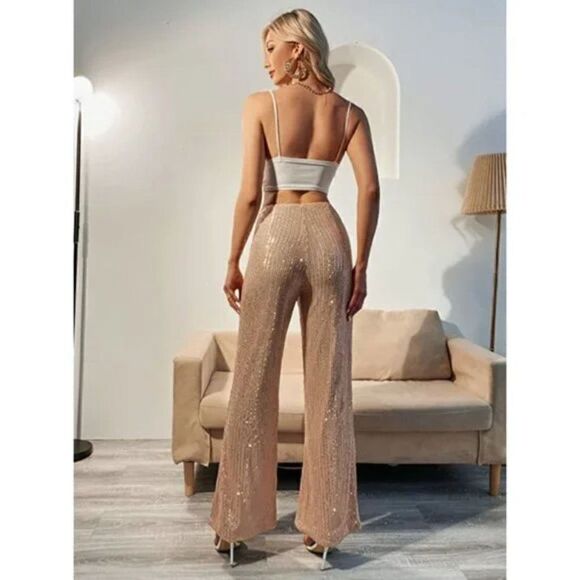 Champagne Gold Sequin High Waist Elastic Flare Bell Bottom Palazzo Trouser Pants - Picture 3 of 8